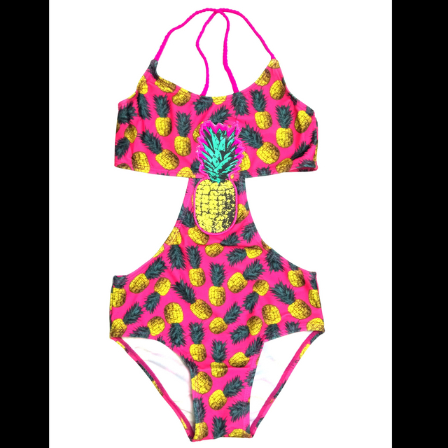 Girls swimwear kids swimsuit all overprint with front rubber print pineapple OEM orders accepted