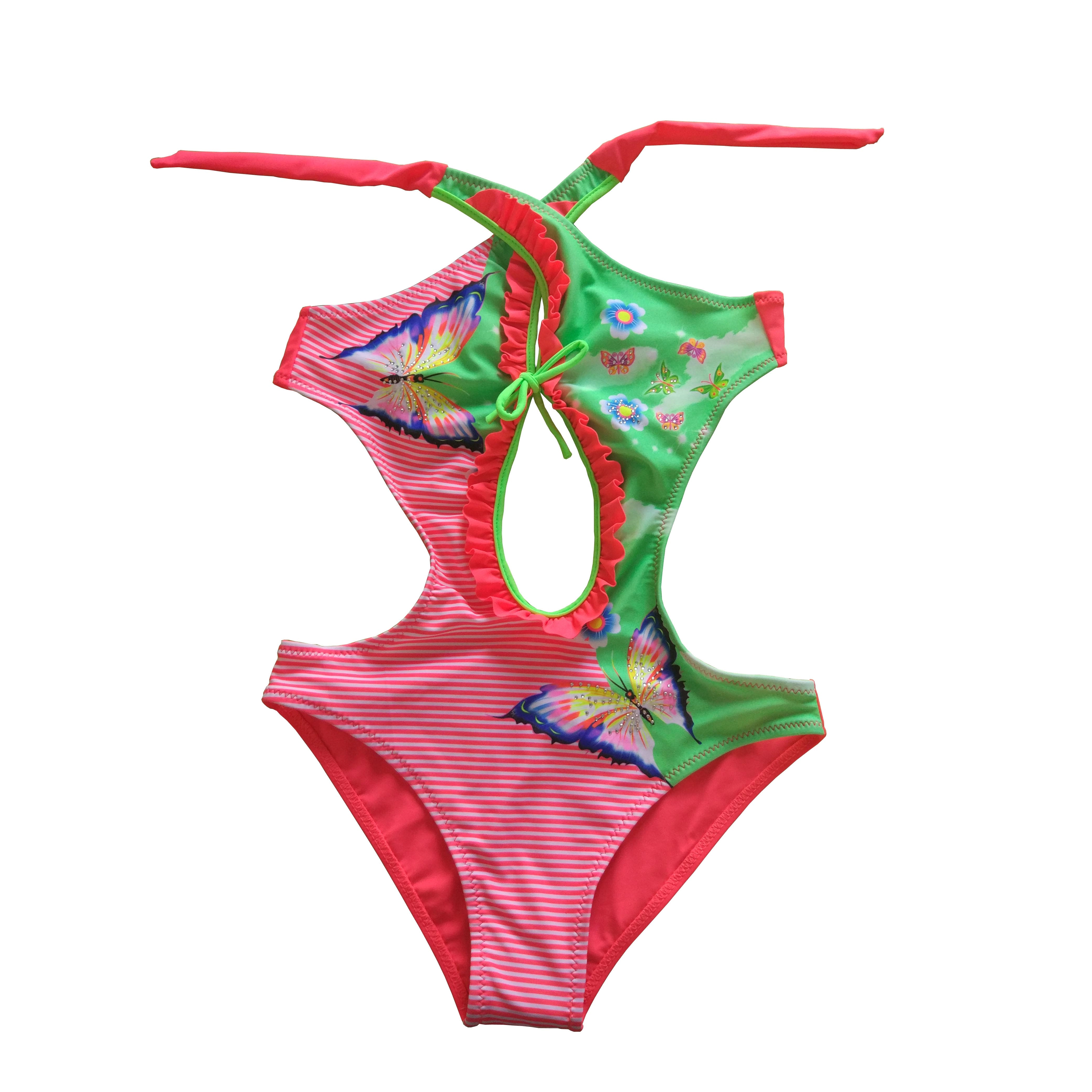 Girls swimwear kids swimsuit with neck ties swimsuit print with decoration
