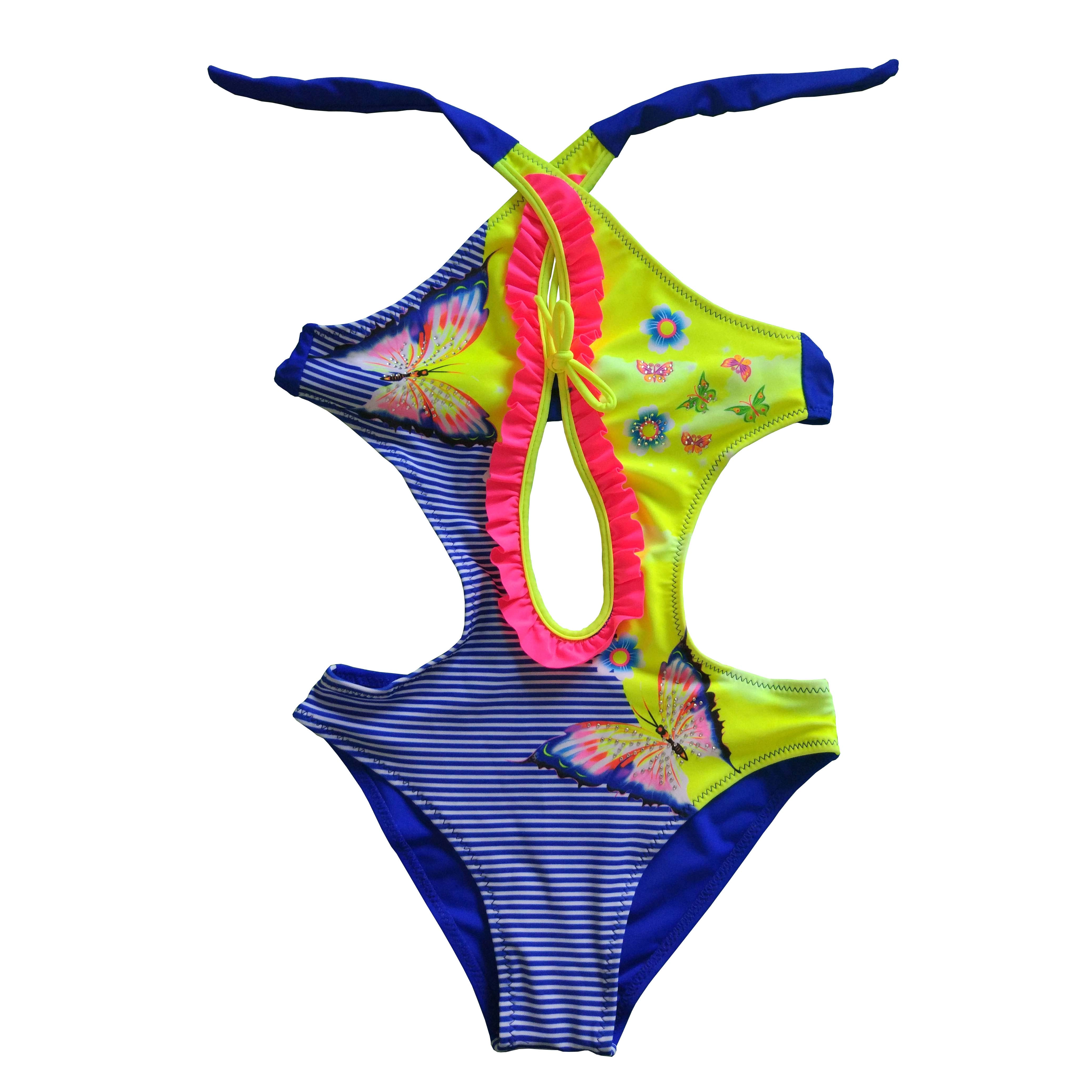 Girls swimwear kids swimsuit with neck ties swimsuit print with decoration