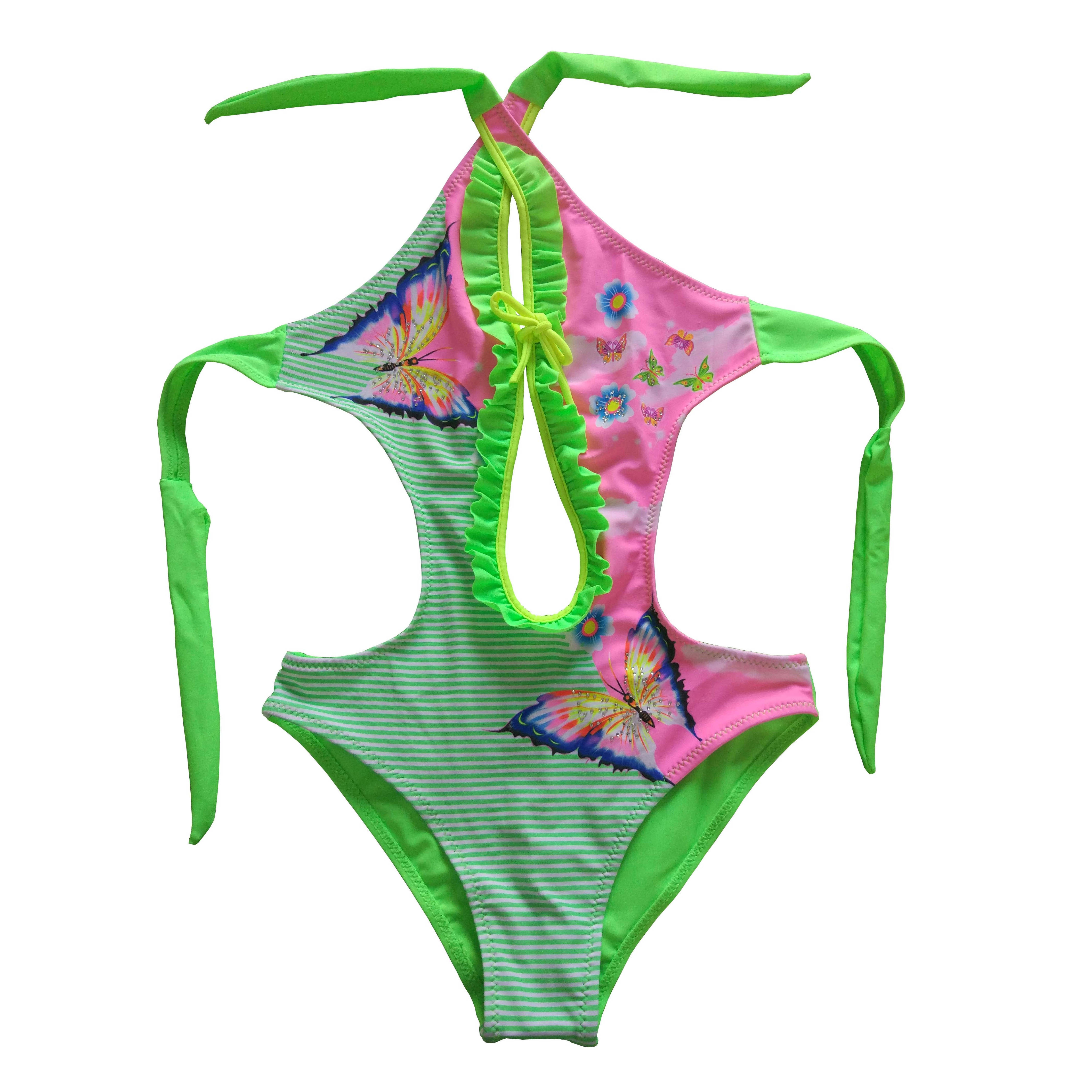 Girls swimwear kids swimsuit with neck ties swimsuit print with decoration