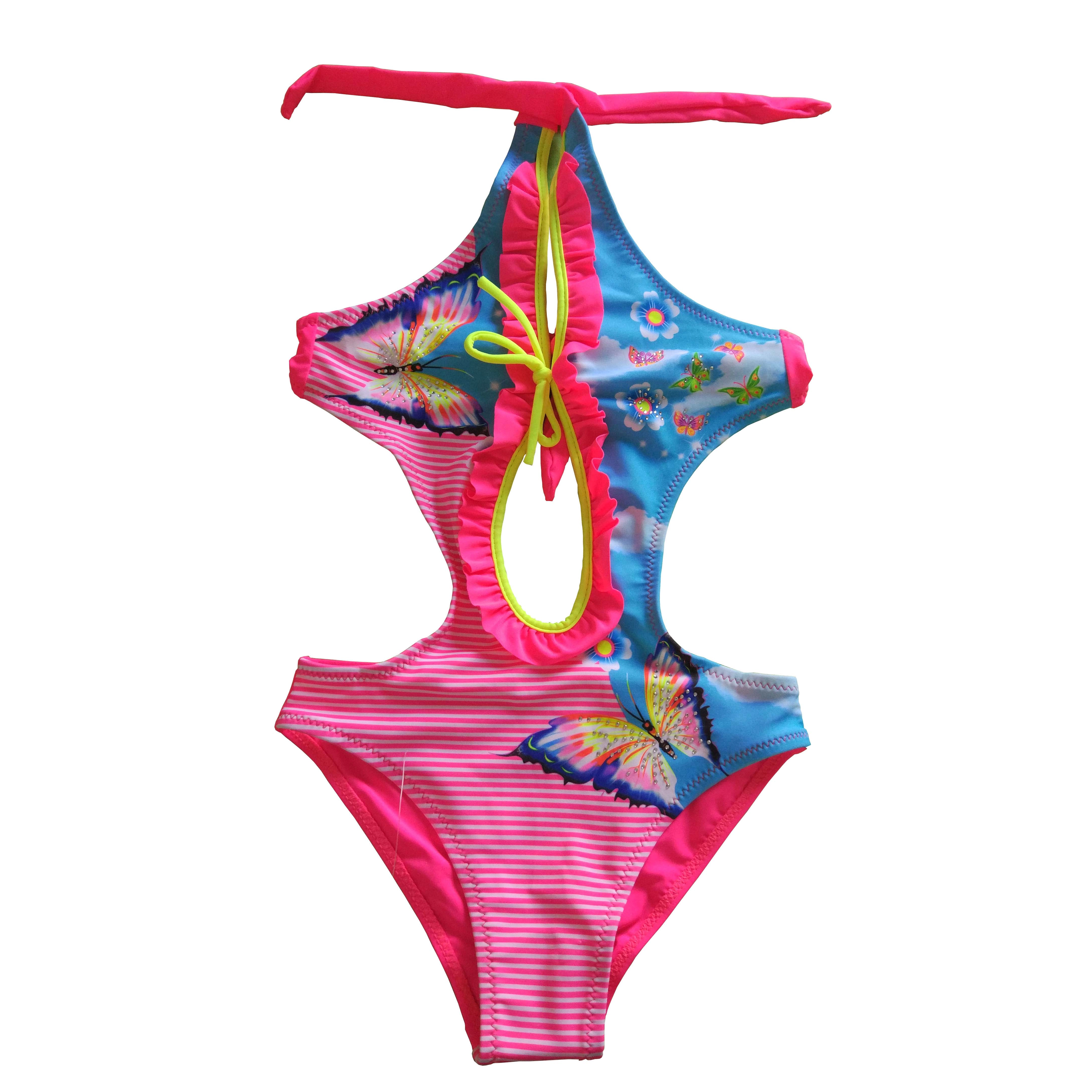 Girls swimwear kids swimsuit with neck ties swimsuit print with decoration