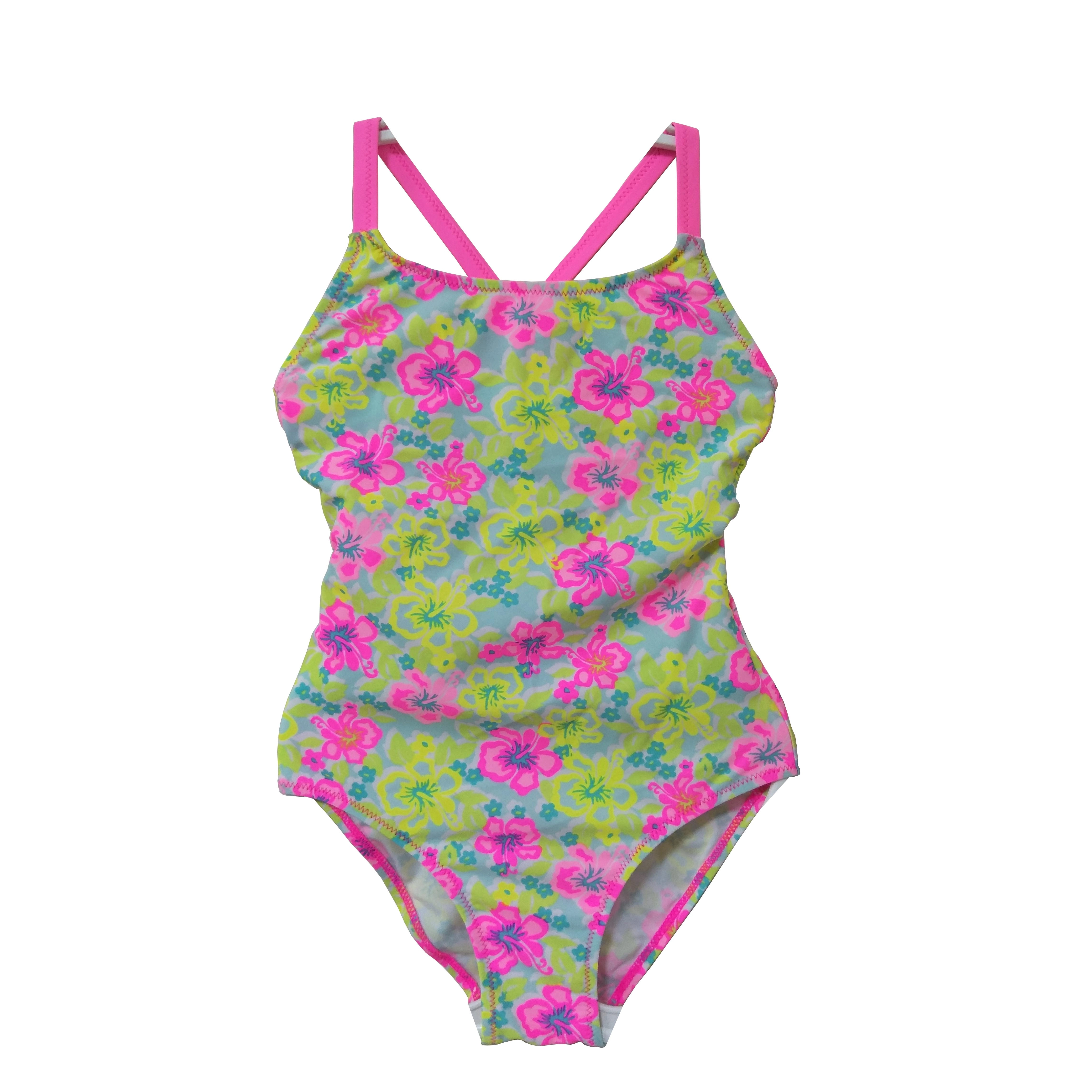 Girls swimsuit kids swimwear one-piece with AOP and solid straps beach wear wet suit OEM orders accepted